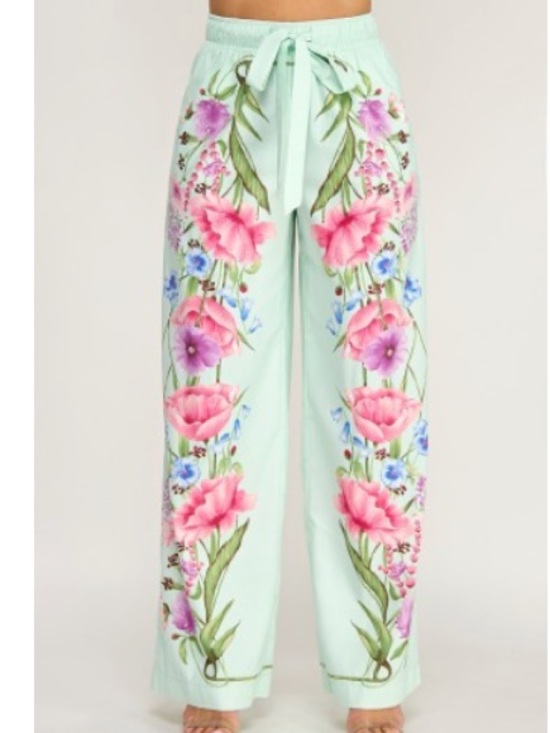 Milk & Honey Pants - Milk & Honey Floral Print Wide Leg Elastic Waist Pockets Dull Satin Pants